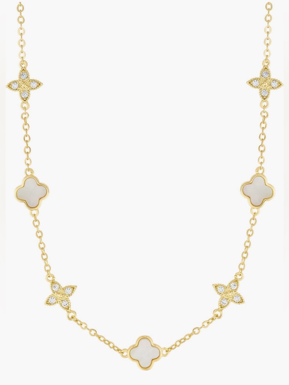 Mixed Mother-of-Pearl & Cubic Zirconia Clover Station Necklace 14K Gold Plated🤍✨